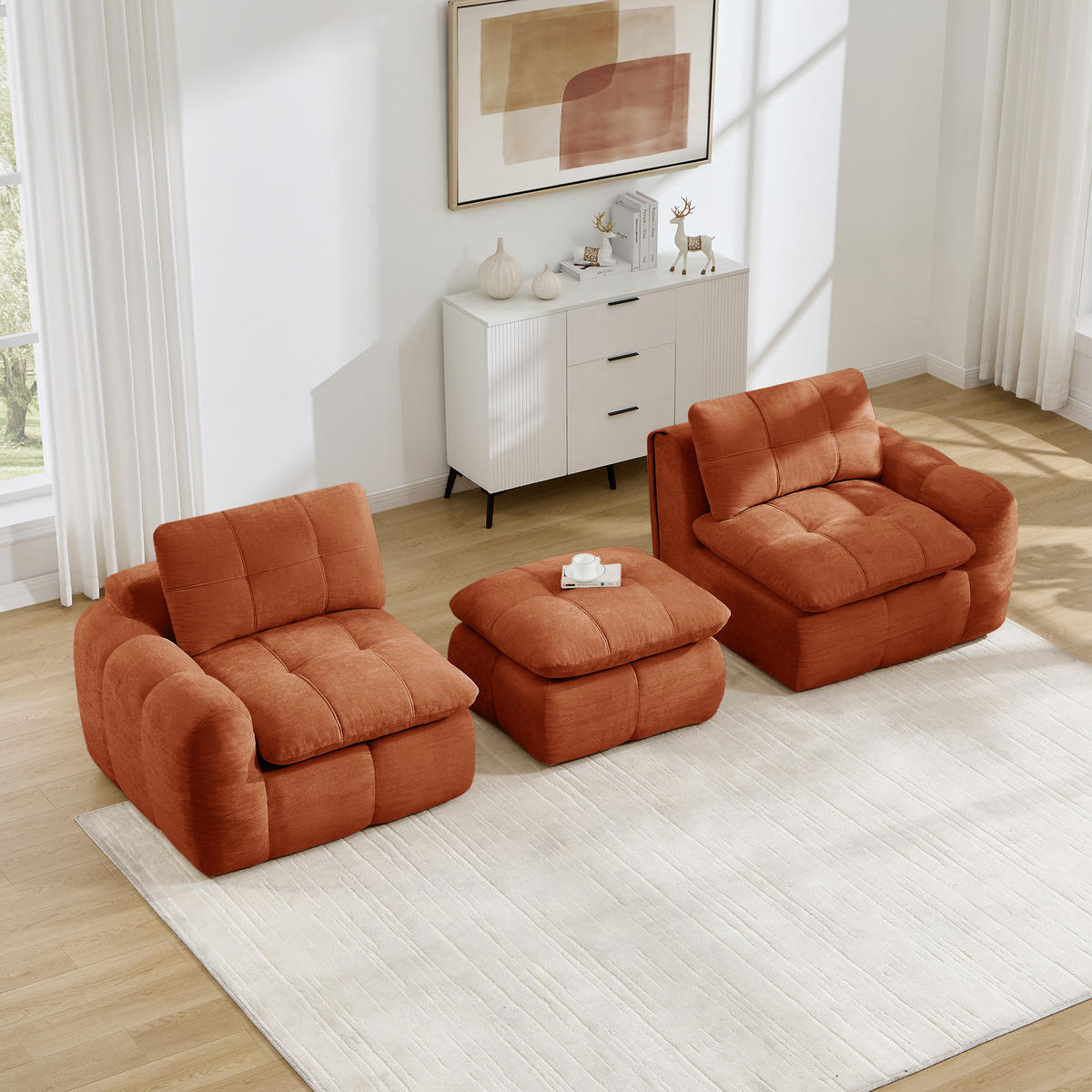 2-SITZER-SOFA mit 1 Hocker, minimalistisch, Chenille-Orange - Orange, Textil (160/68/194cm) - KOMHTOM