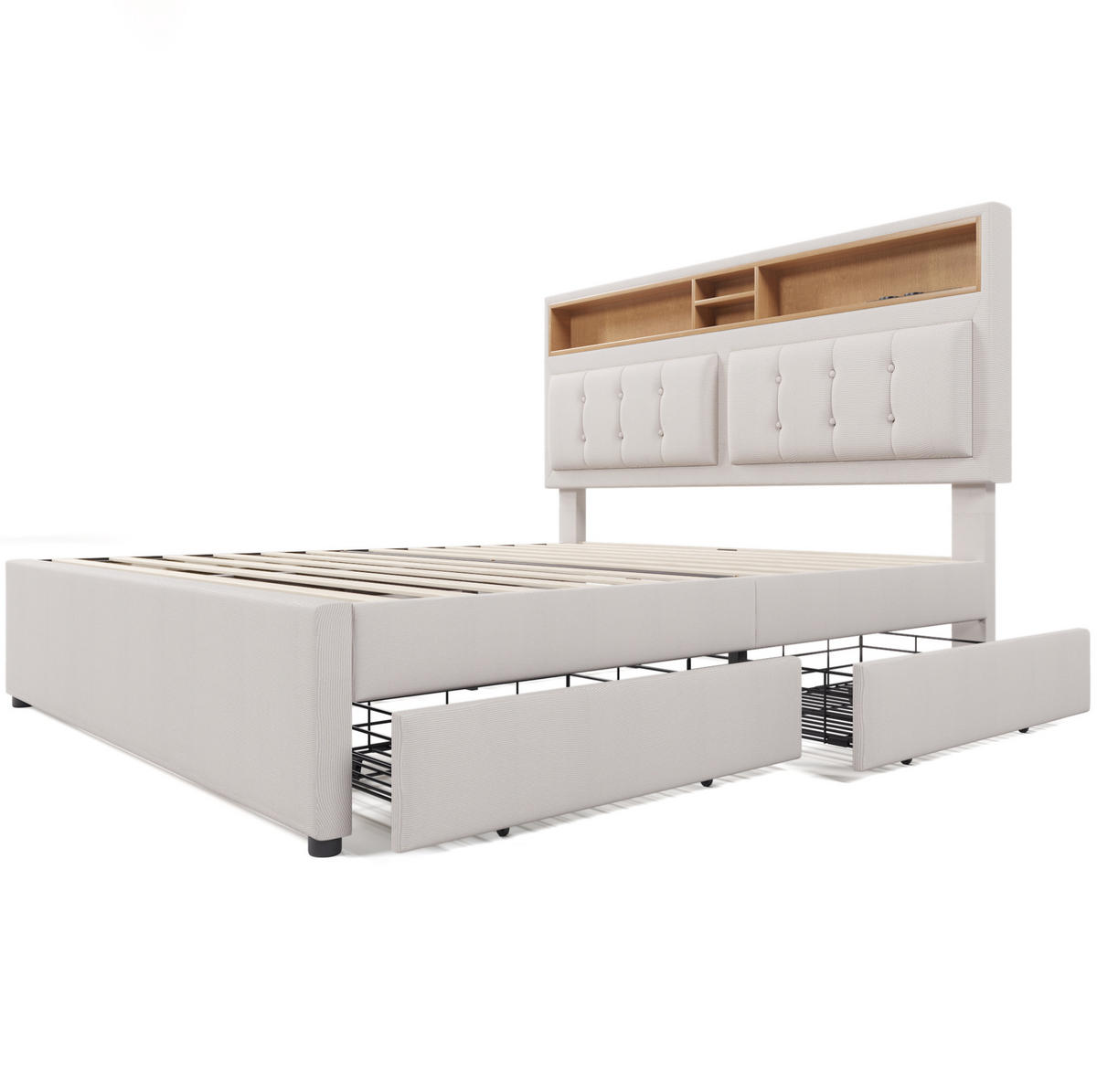 POLSTERBETT 160/200 cm mit 4 Schubladen, verstellbarem Kopfteil und USB/Typ-C - Beige, Textil (160/200cm) - BEAOK
