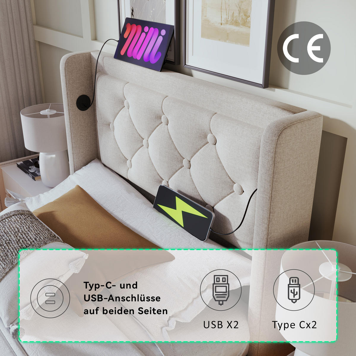 POLSTERBETT 90/200 cm in Beige mit Bettkasten, LED und USB Stoff - Beige, Holzwerkstoff/Textil (90/200cm) - STILVORA