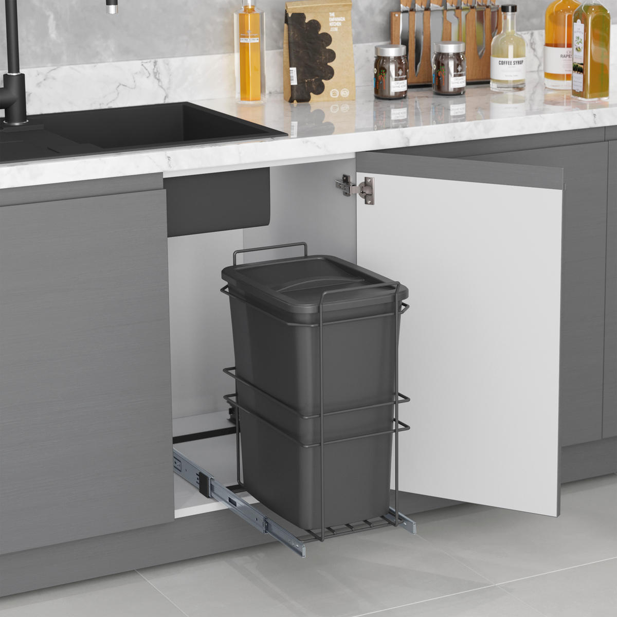 RECYCLINGBEHÄLTER für die Küche, 35 L, Bodenbefestigung und Handauszug, Anthrazitgrauer Kunststoff - Anthrazit, Metall (28/47/54.5cm) - EMUCA