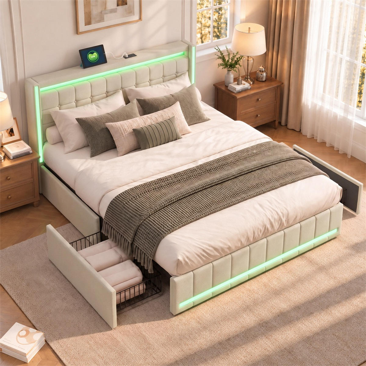 POLSTERBETT 140x200 cm Lumina Smart mit 3-Zonen RGB-LED, USB & USB-C, 4 Schubladen, Leinen-Optik, Beige - Beige, Textil (140/200cm) - DELFA