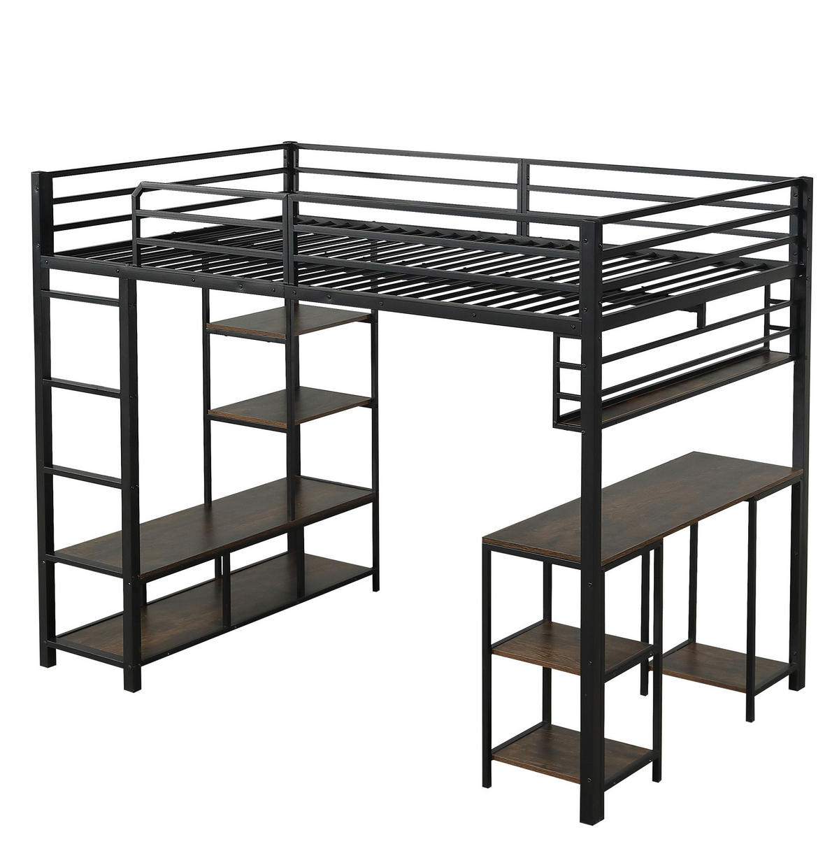 HOCHBETT 120/200 cm mit Schreibtisch, Ablage und 4-stufiger Leiter, stabile Lattenroste, Schwarz/Dunkelwalnuss - Schwarz, Metall (120/200cm) - Redom
