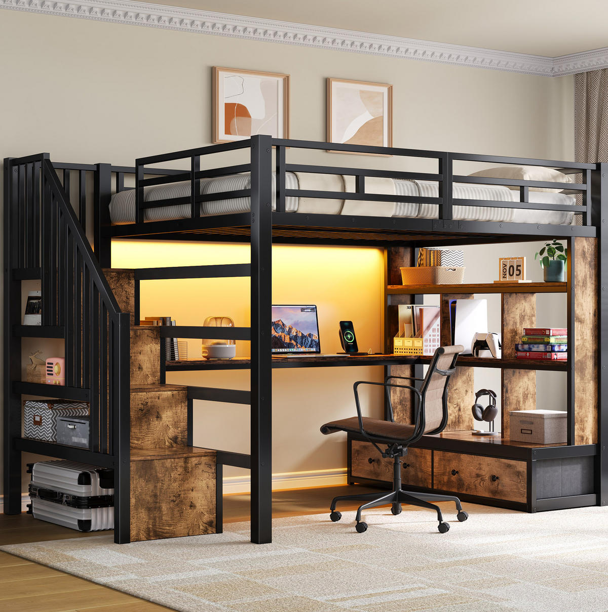 HOCHBETT 140x200 cm in Schwarz mit Schreibtisch, Stauraumtreppe und LED-Beleuchtung - Schwarz, Holzwerkstoff (140/200cm) - IVMEU