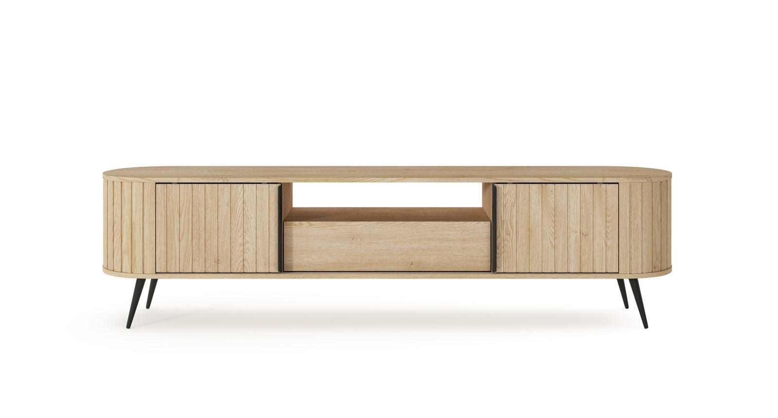 TV-LOWBOARD LOVI 196 cm Eiche Cremona - mit Riffel-Front und Schiebetüren - Eichefarben/Schwarz, Holz/Holzwerkstoff (196/51/40cm) - Ravio