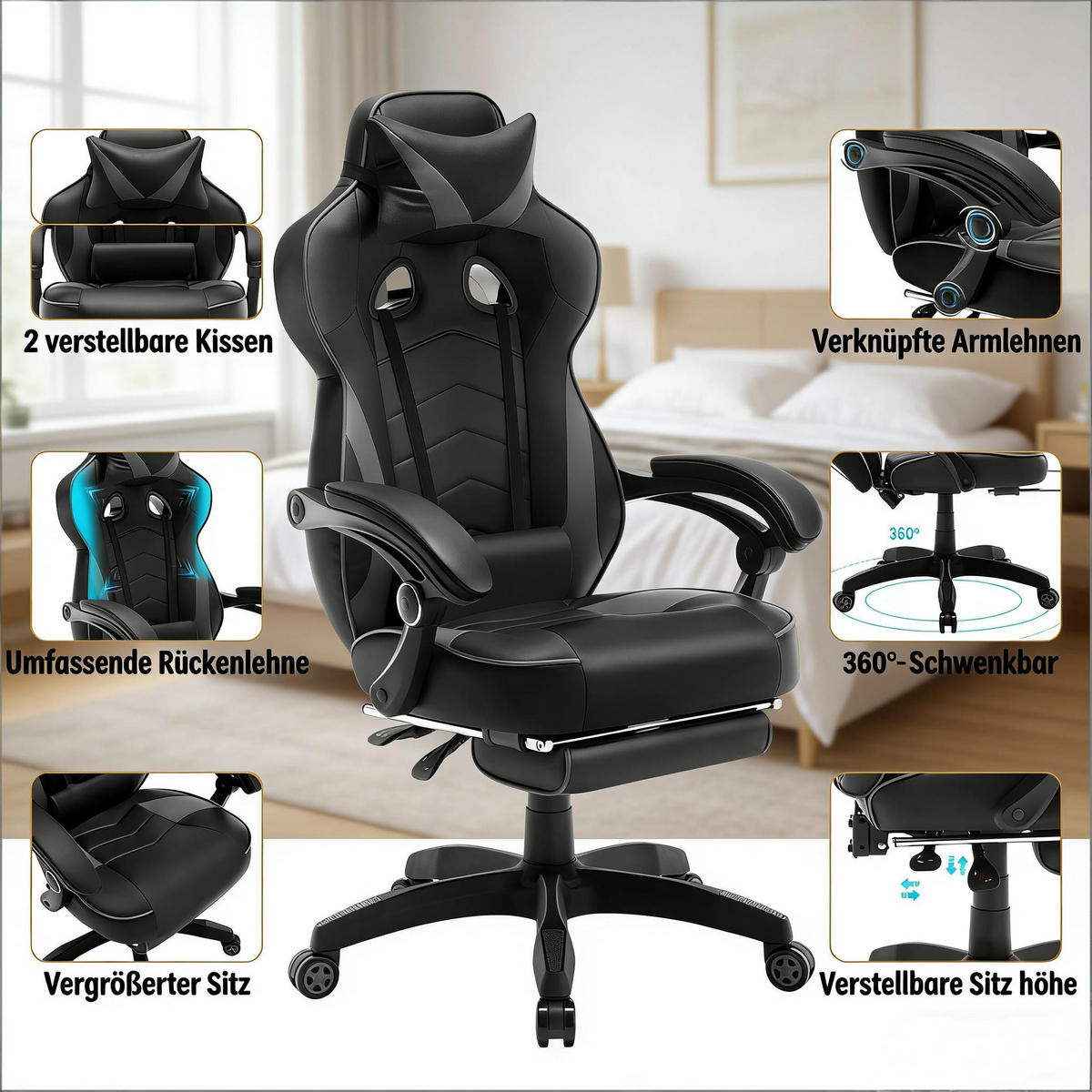 GAMINGSTUHL Schwarz/Grau 70/46/128 cm - Schwarz, Metall (70/128/46cm) - PANGIVO