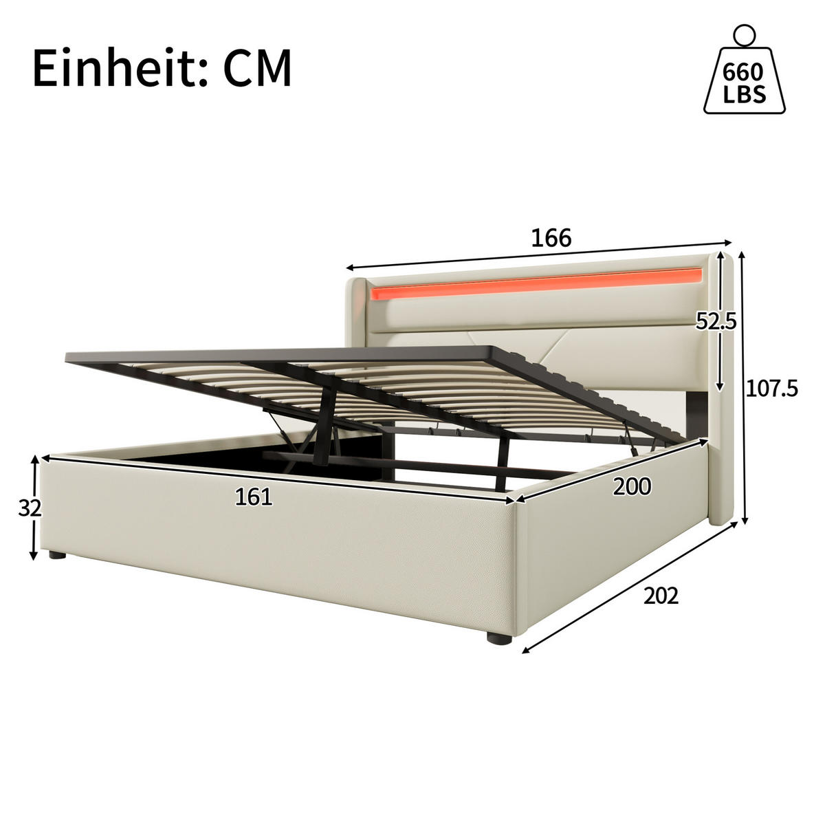 POLSTERBETT mit Bettkasten und LED 160x200 cm PU Weiß - Weiß, Metall (160/200cm) - Meubliv
