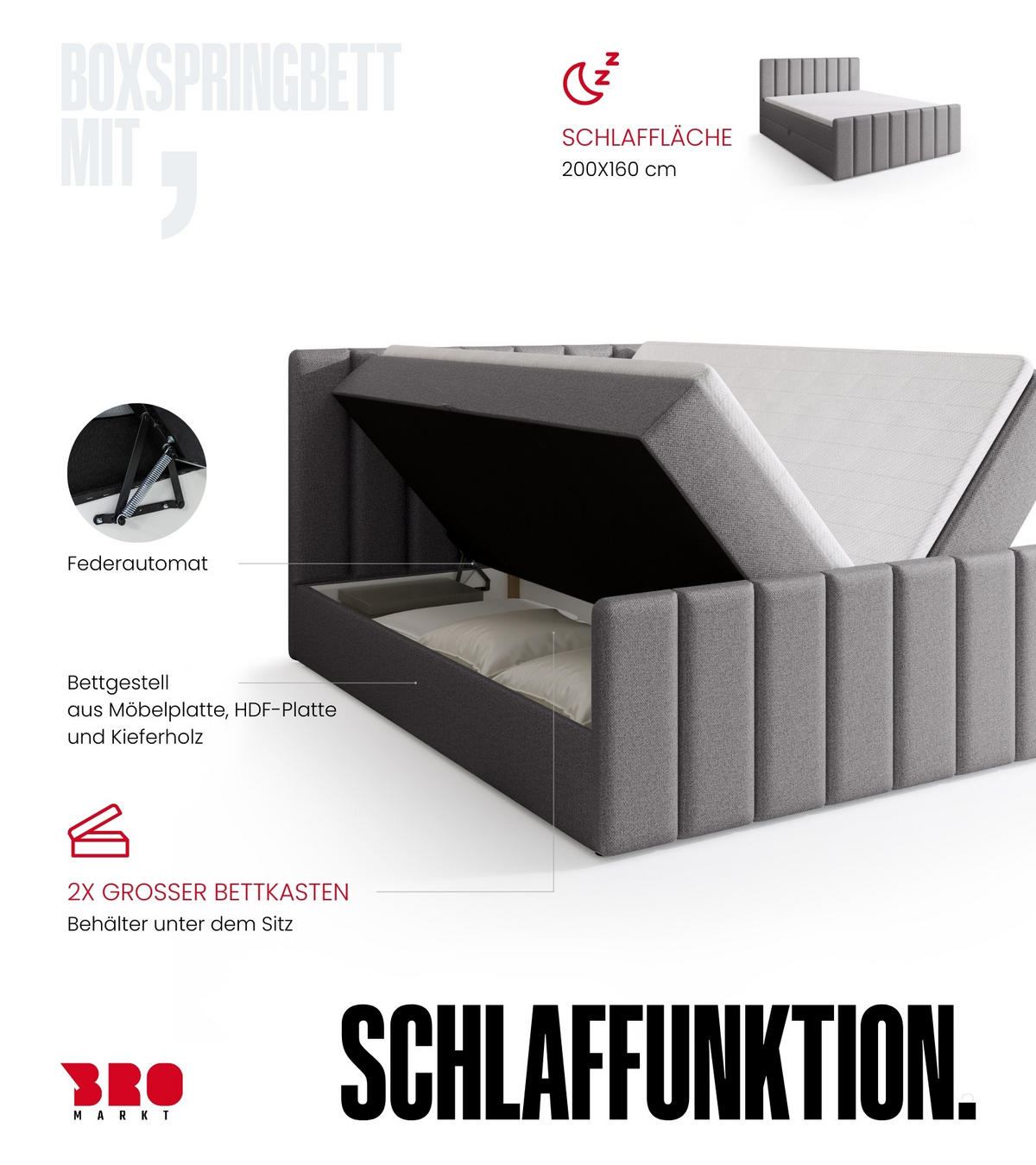 BOXSPRINGBETT Denver DUO mit Topper 160x200 Hellgrau - Hellgrau, Textil (160/200cm) - Bromarkt