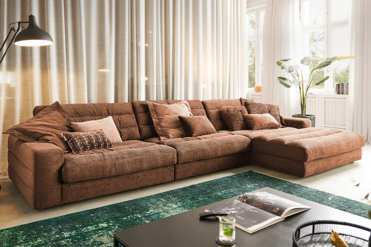ECKSOFA XL LANA Braun Cord - Dunkelbraun/Schwarz, Textil (416/205cm) - KAWOLA