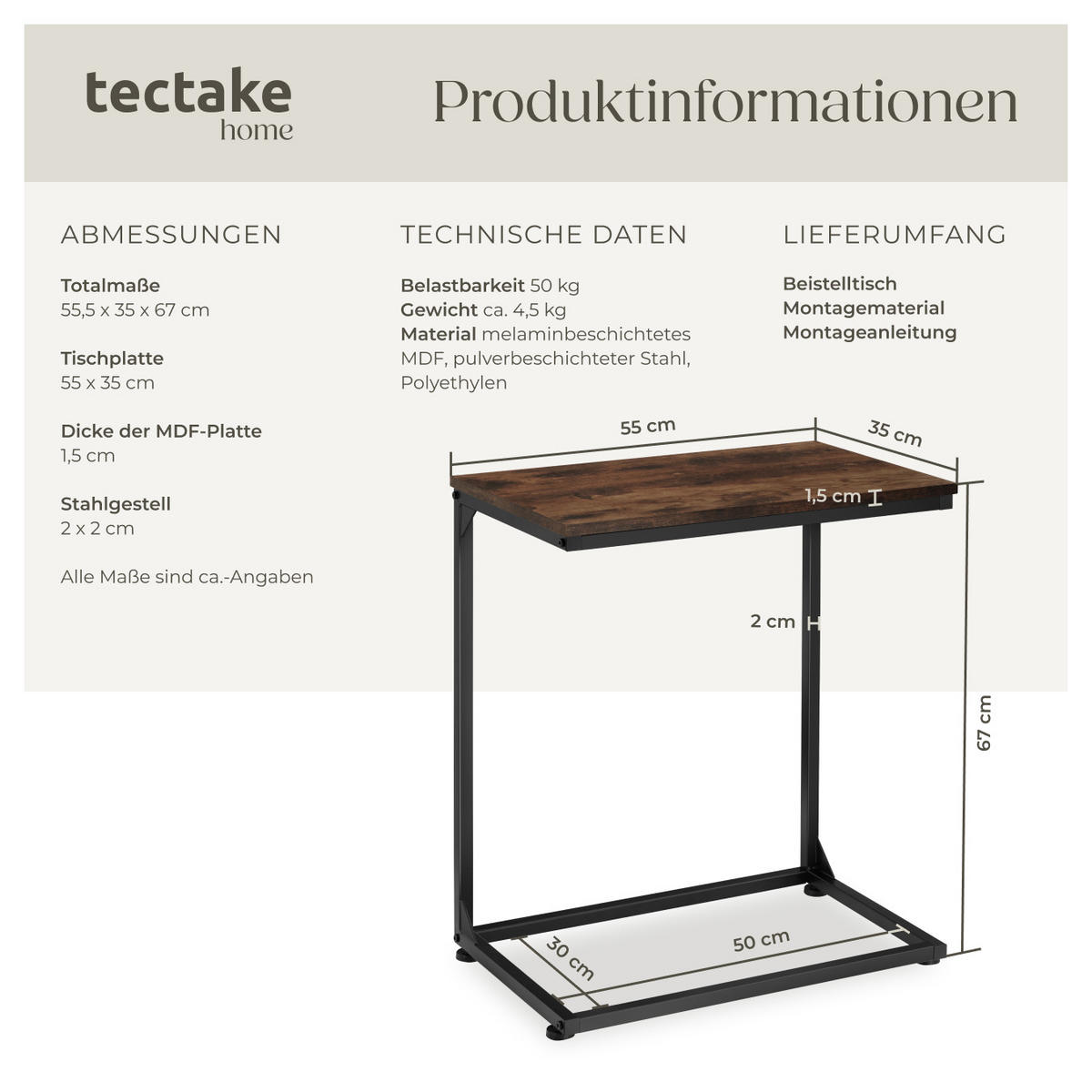 BEISTELLTISCH Cardiff,55,5 x 35 x 67 cm,Industrial Holz dunkel, rustikal - Rostfarben, Holz (35/55.5/67cm) - tectake