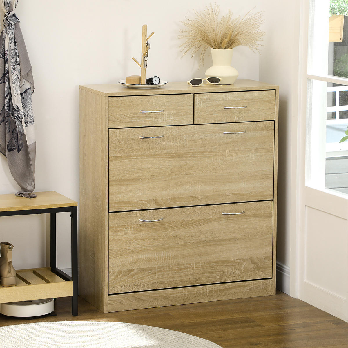 SCHUHSCHRANK DE-14988 2 Klapptüren & 2 Schubladen mit verstellbaren Böden Naturholz - Eichefarben, Holzwerkstoff (80/91.5/30cm) - ComfortXL