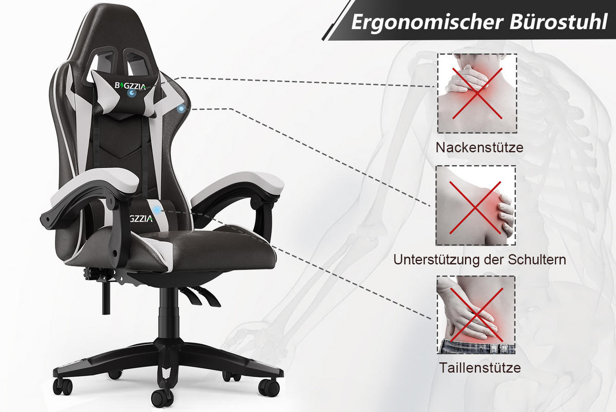 GAMING-STUHL ergonomisch, verstellbare Rückenlehne, Kissen – Schwarz/Weiß - Weiß, Leder (59/120/56cm) - Rattantree