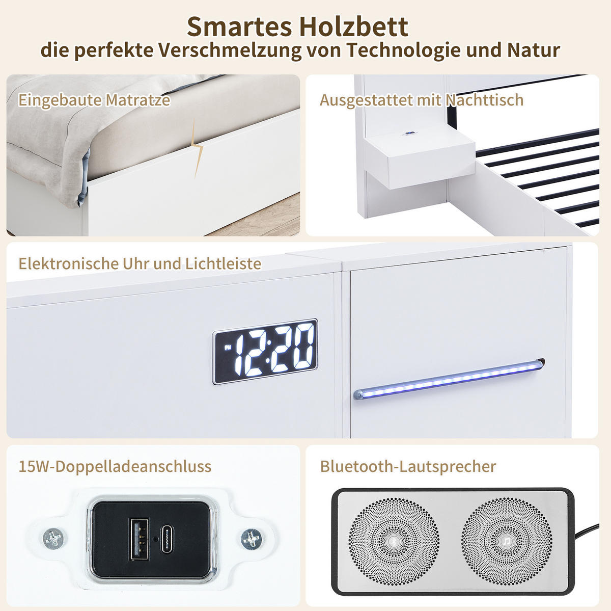 POLSTERBETT 180/200 cm Weiß aus MDF mit Bluetooth-Lautsprechern und LED-Lichtleiste - Weiß, Holzwerkstoff (180/200cm) - OKMYHOME