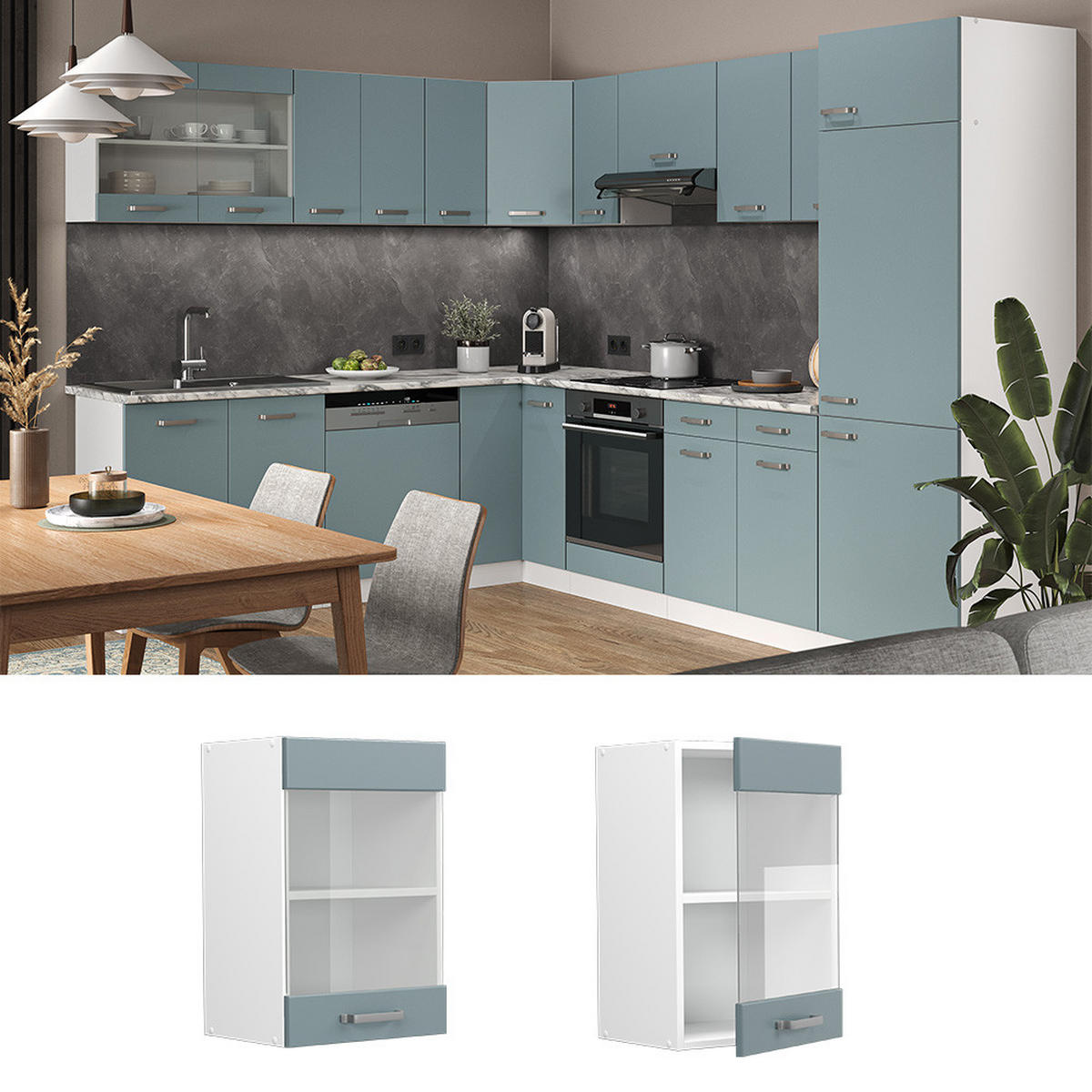KÜCHENGLASSCHRANK R-Line Blau-Grau 40 cm - Blaugrau/Weiß, Holzwerkstoff (40/60/31cm) - Vicco