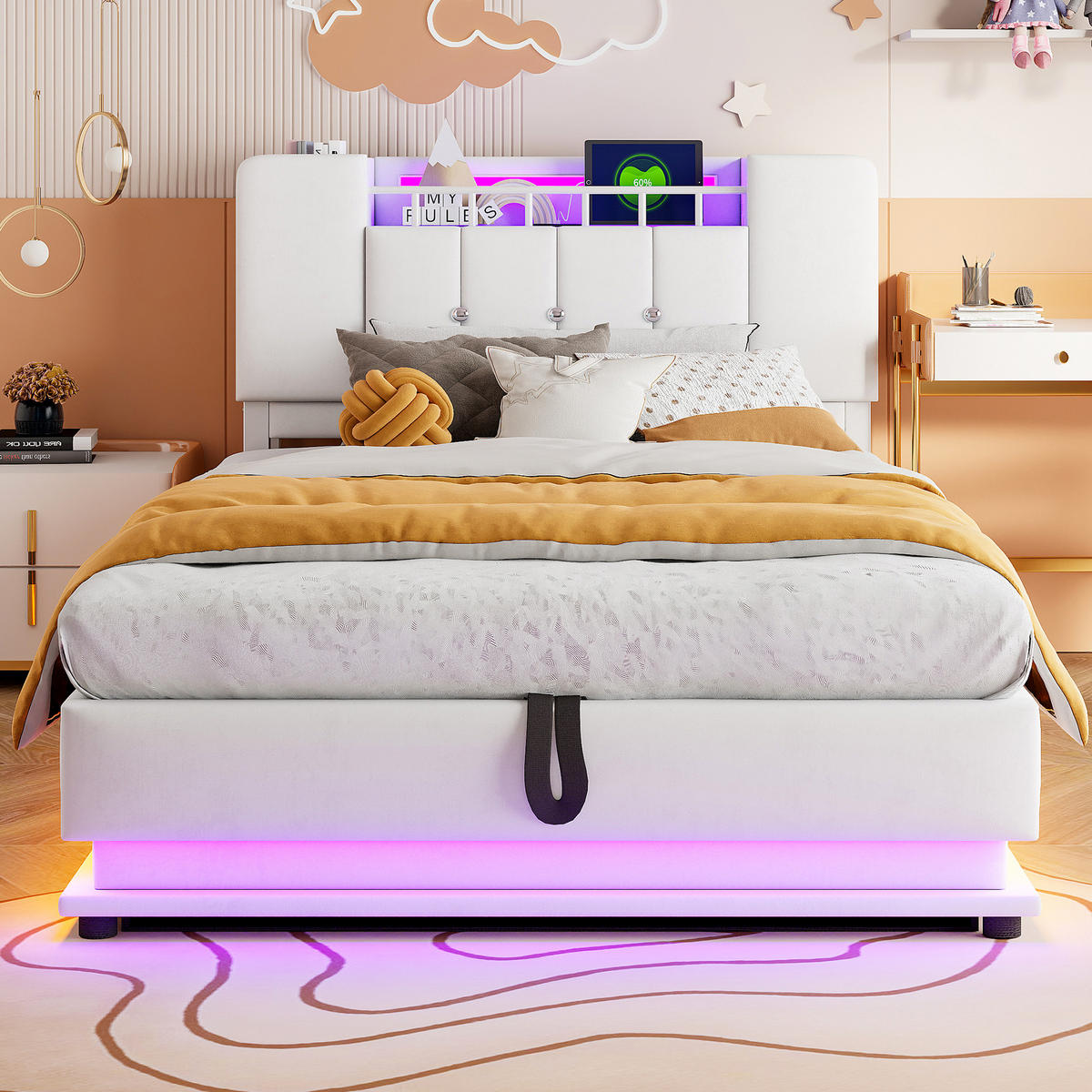 ČALOUNĚNÁ POSTEL 90/200 cm v béžové barvě s úložným prostorem, LED a USB - béžová, kov/kompozitní dřevo (90/200cm) - CHICFURN