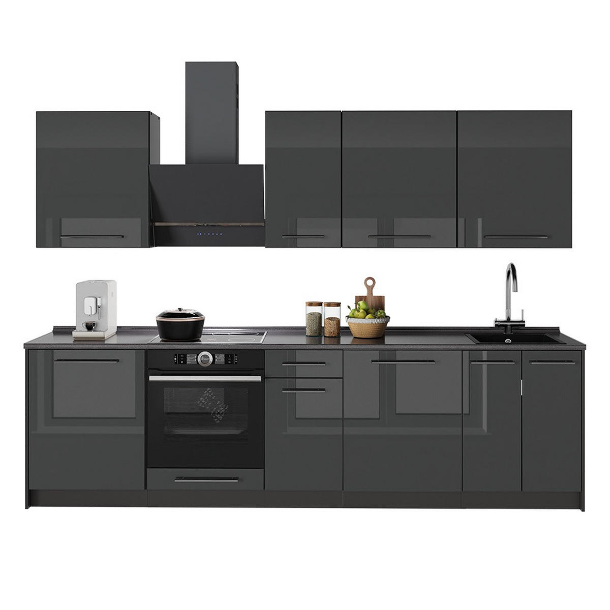 KÜCHENZEILE Fame-Line, Anthrazit Hochglanz/Anthrazit, 280 cm ohne Arbeitsplatte - Schwarz Hochglanz/Anthrazit, Holzwerkstoff (280/206.8/51.6cm) - Vicco
