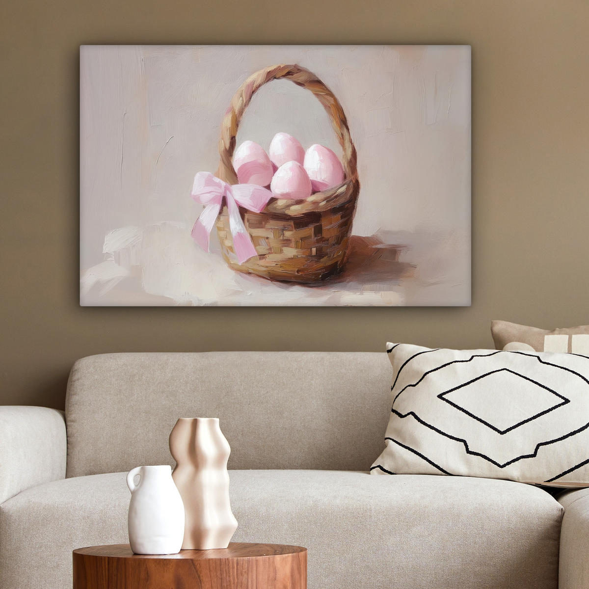 LEINWANDBILD Korb - Eier - Rosa Gemälde 60x40 cm - Beige, Textil (60/40cm) - MuchoWow