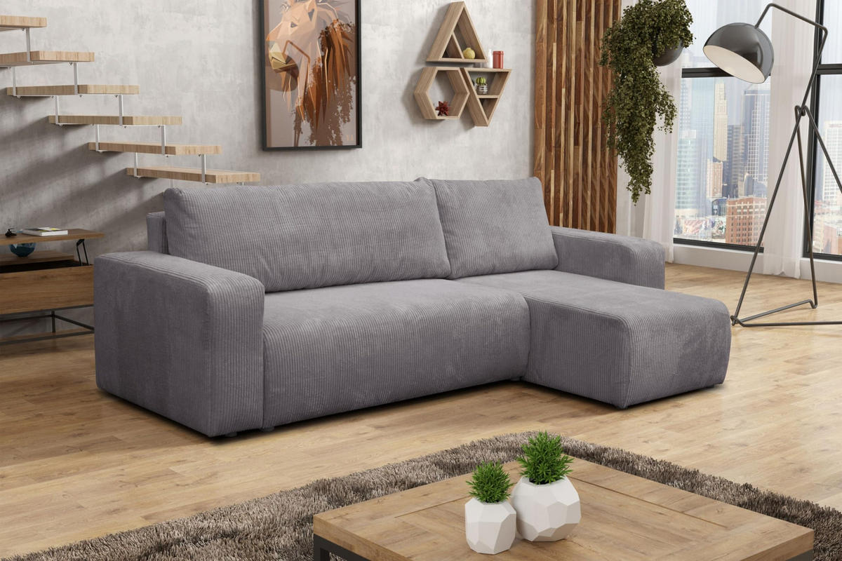 ECKSOFA LUNA mit Schlaffunktion und Bettkasten Cord-Stofff (Dunkelgrau) - Dunkelgrau, Textil (244/142cm) - VENASI MÖBEL