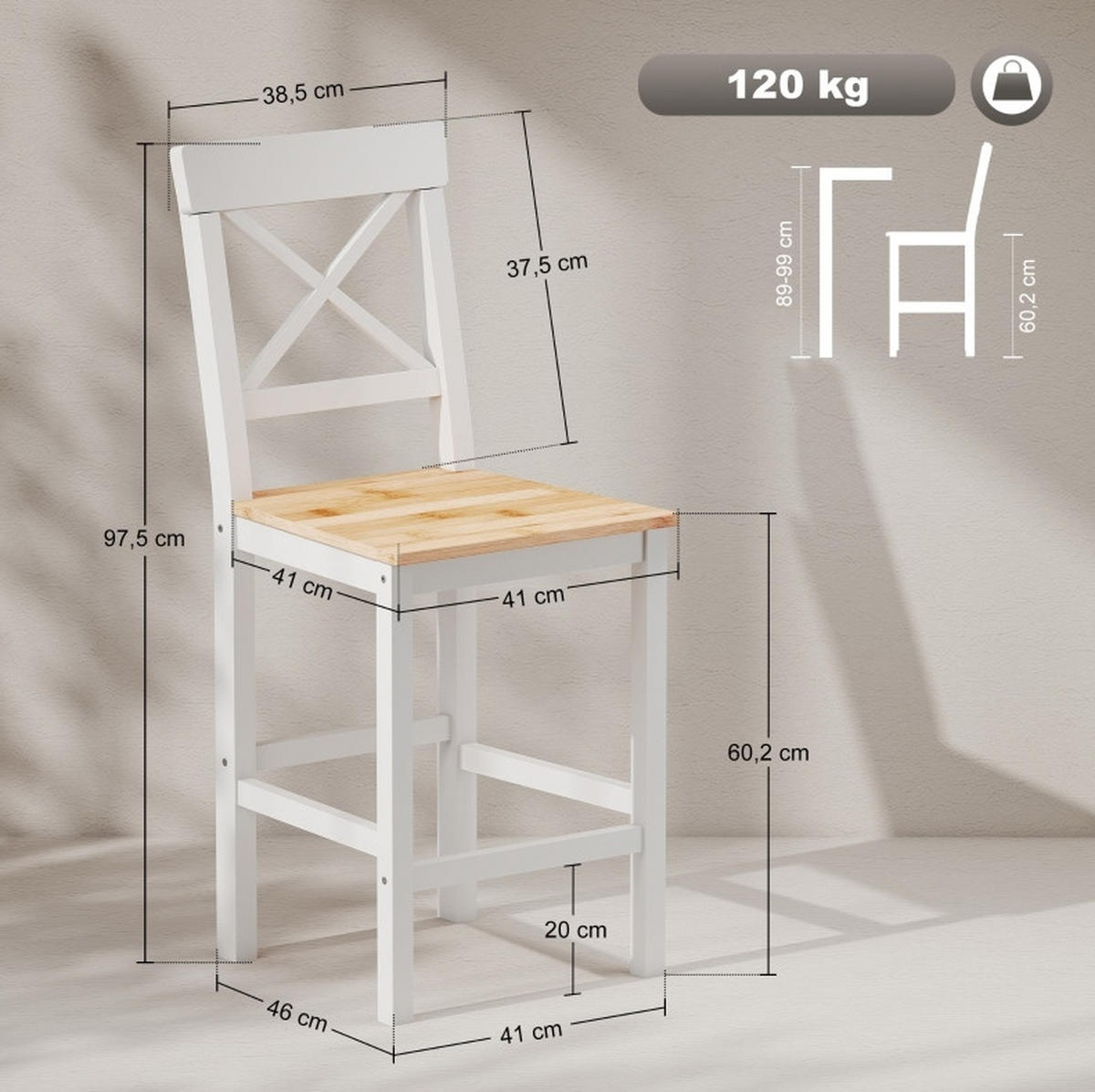 BARHOCKER 2er-Set aus massivem Kiefernholz mit Lehne und Fußstütze 41/46/97,5 cm - Naturfarben, Holz (41/97.5/46cm) - MIVRAY