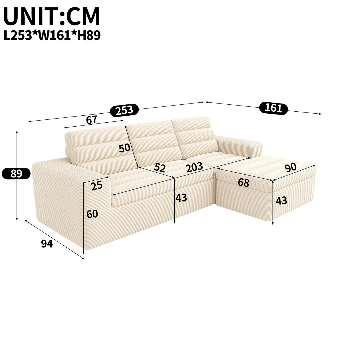ECKSOFA 253/161/89 cm Beige mit 1 Fußhocker - Beige, Textil (253/161cm) - Oxeza