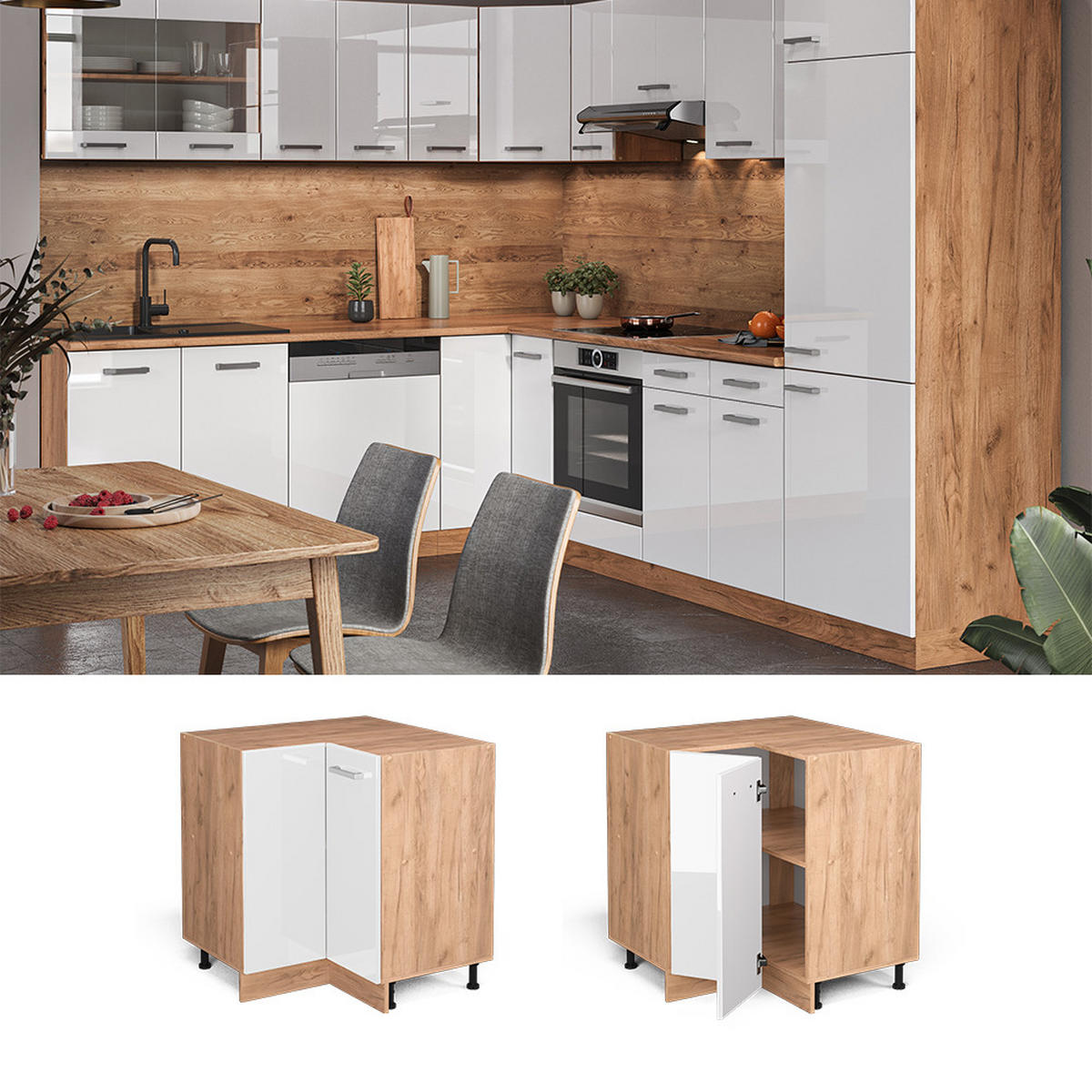 ECKUNTERSCHRANK R-Line Weiß Hochglanz 75.6 cm, AP Anthrazit - Weiß Hochglanz/Eiche Wotan, Holzwerkstoff (75.6/81.6/60cm) - Vicco