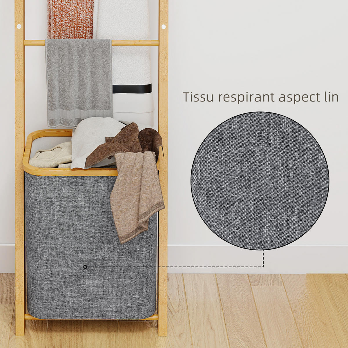 HANDTUCHLEITER DE-17344 mit Wäschekorb (48 l) & 3 Stangen Grau - Grau, Naturmaterialien (43/133/35cm) - ComfortXL