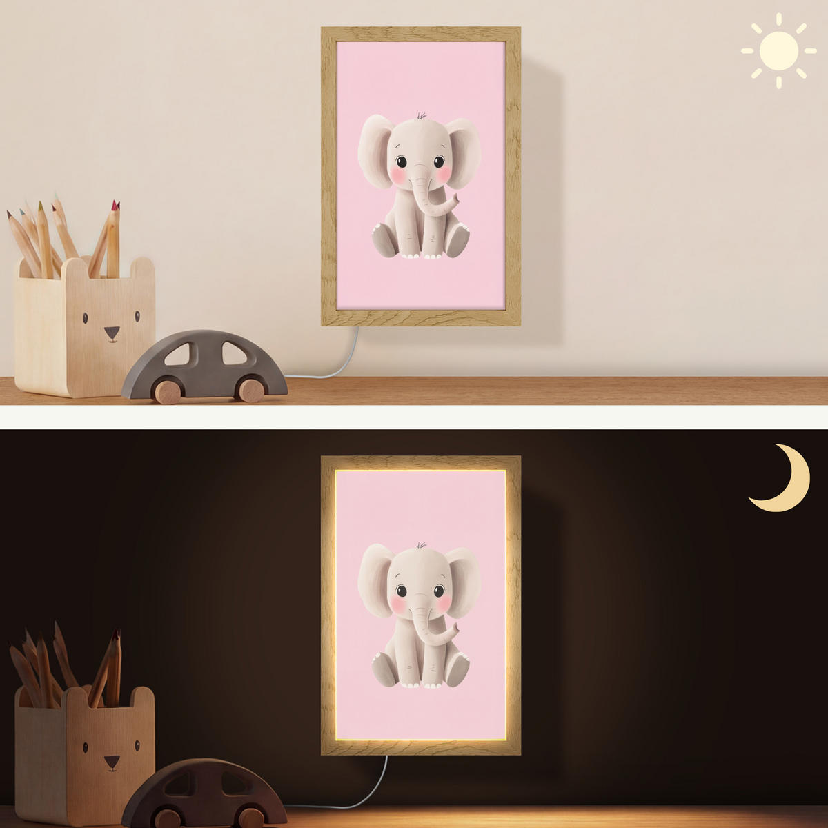 NÁSTĚNNÁ LAMPA Slon - Dítě - Růžová - Kreslený film 20x30 cm - světle růžová, kompozitní dřevo (20/30/8cm) - OnlyWow