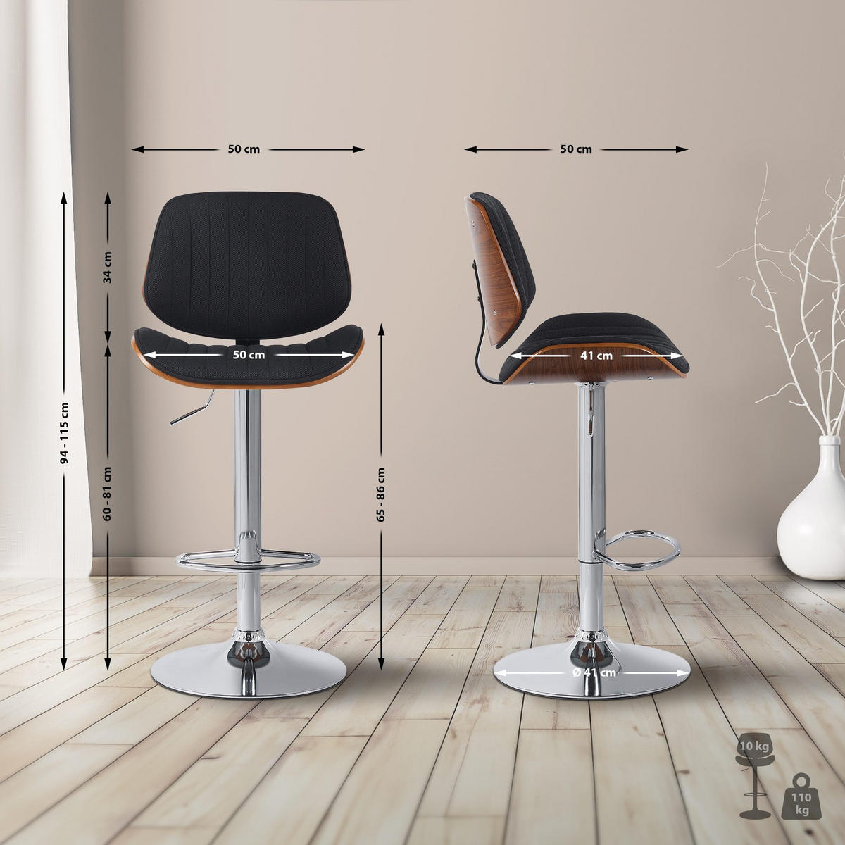 BARHOCKER Stoff walnuss/schwarz - Chromfarben/Walnussfarben, Textil/Metall (50/94/50cm) - CLP