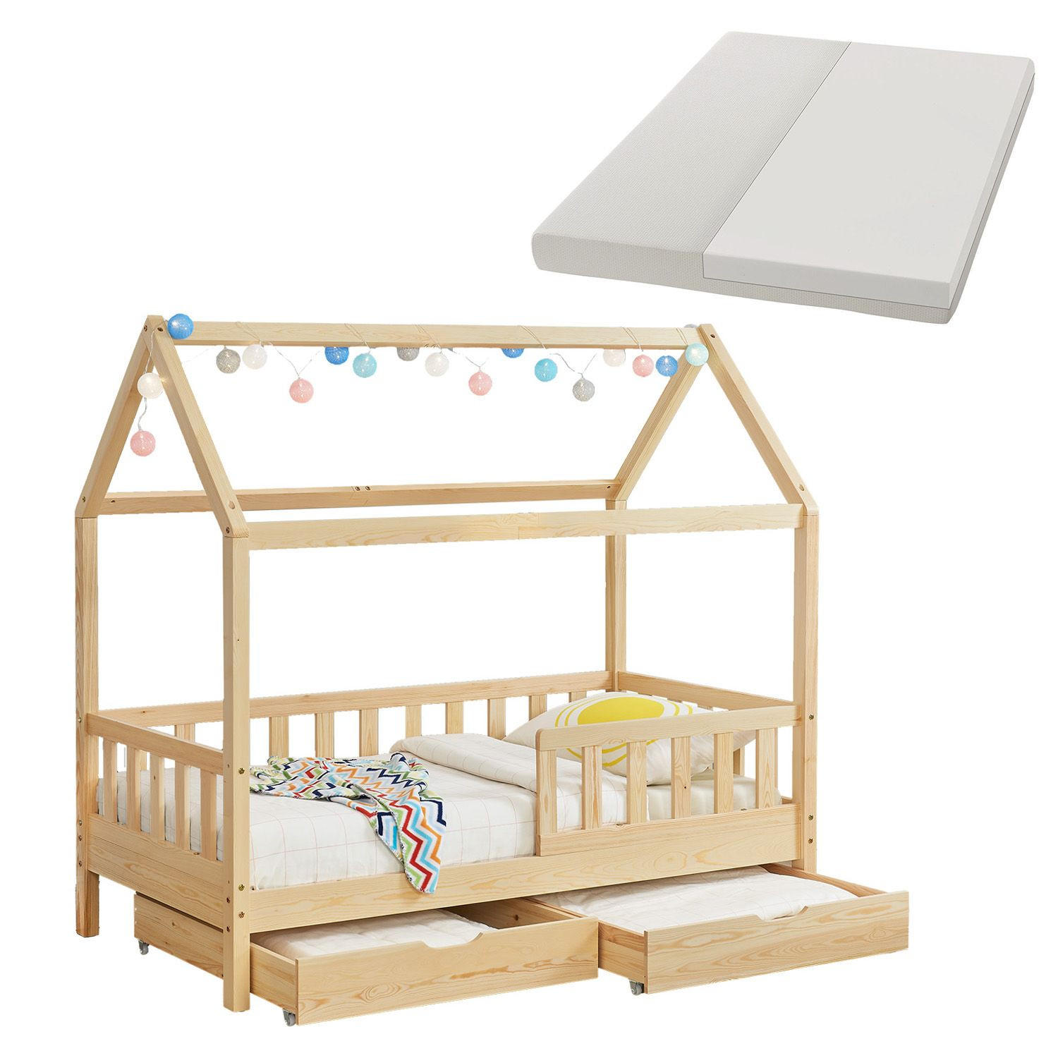 KINDERBETT Marli natur 80x160 cm mit Bettkasten und Matratze - Naturfarben, Holz (80/160cm) - Juskys