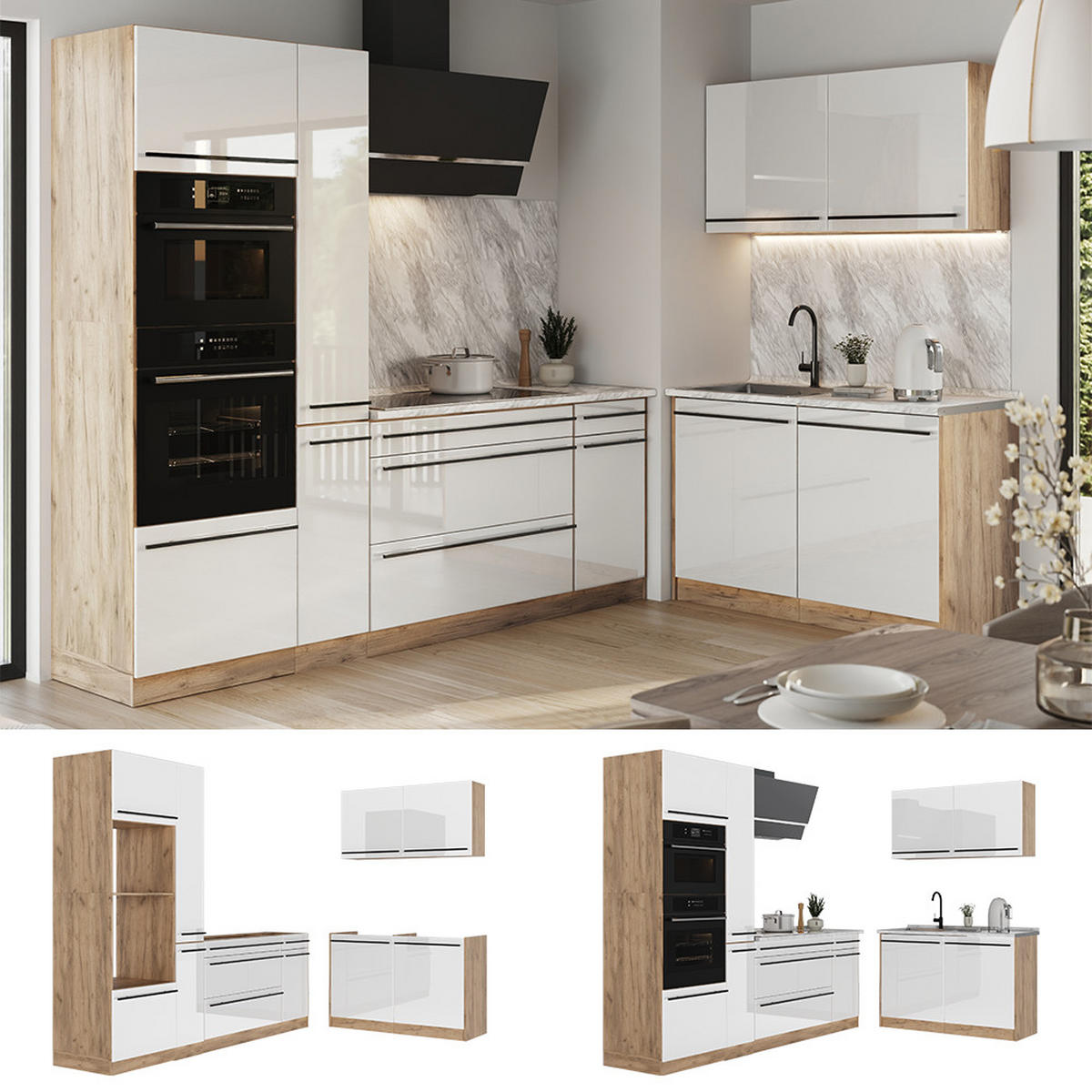 ROHOVÁ KUCHYŇA R-Line, Biely vysoký lesk/Dub Goldkraft, 230 x 120 cm Marmori työtaso - biela s vysokým leskom/farba duba, kompozitné drevo (230/206.8/60cm) - Vicco
