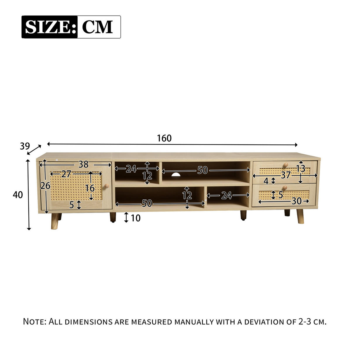 TV-LOWBOARD 160/39/40,5 cm mit 2 Schubladen und Kabeldurchlass - Naturfarben, Holzwerkstoff (160/40/39cm) - BEAOK