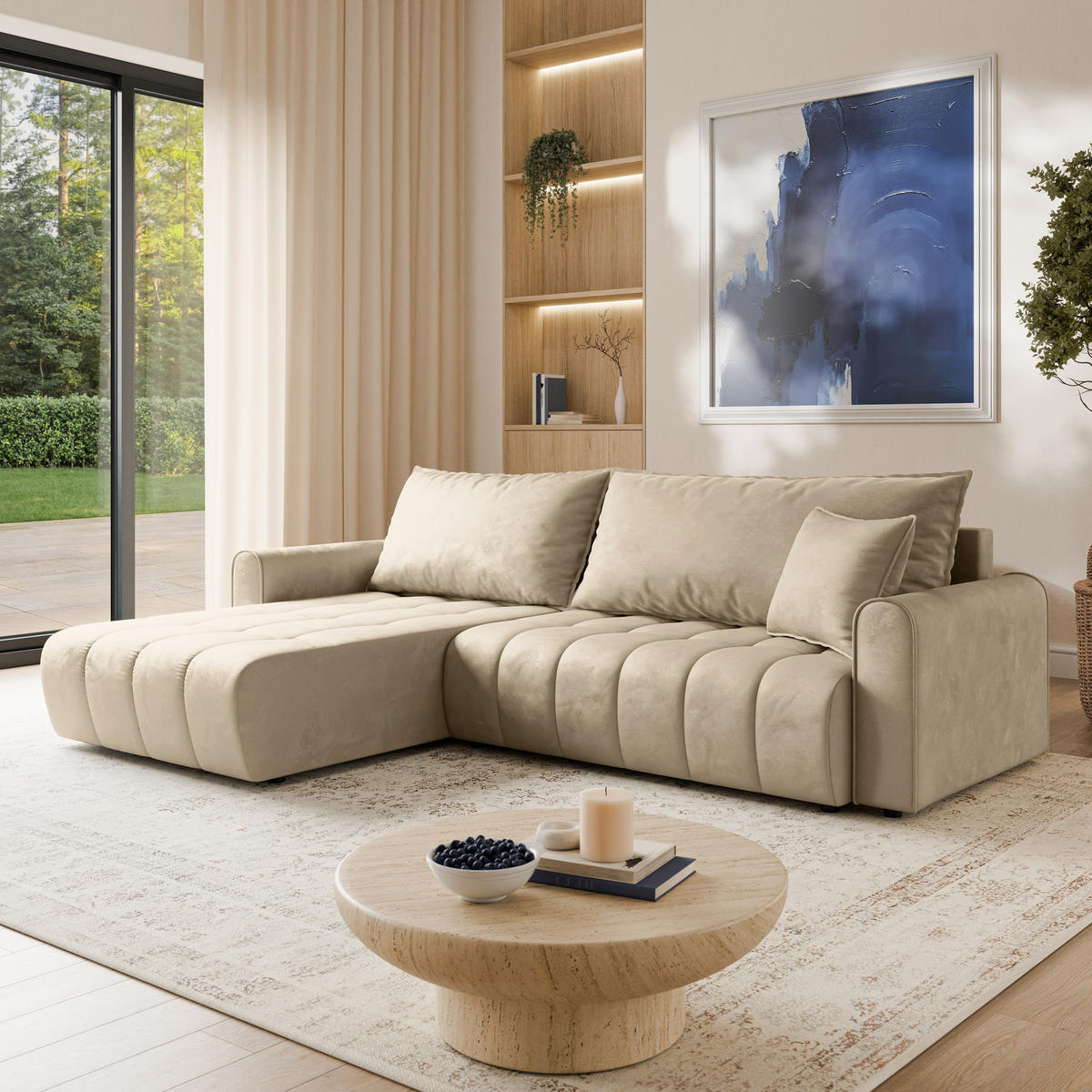 ECKSOFA FRIGA Creme Velours-Stoff mit Schlaffunktion - Creme, Holz (283/185cm) - MASSENO