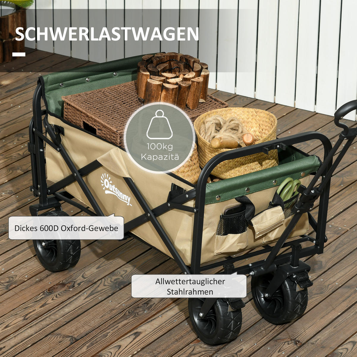 GARTENWAGEN DE-10347 faltbar 110 L, Teleskopgriff Khaki - Taupe, Metall (57/100/94cm) - ComfortXL