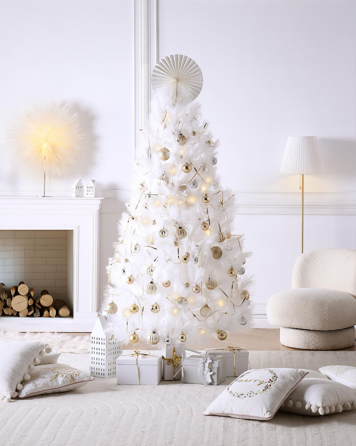WEIHNACHTSBAUM 180 cm Weiß Talbot - Weiß, Textil (180cm) - Beliani
