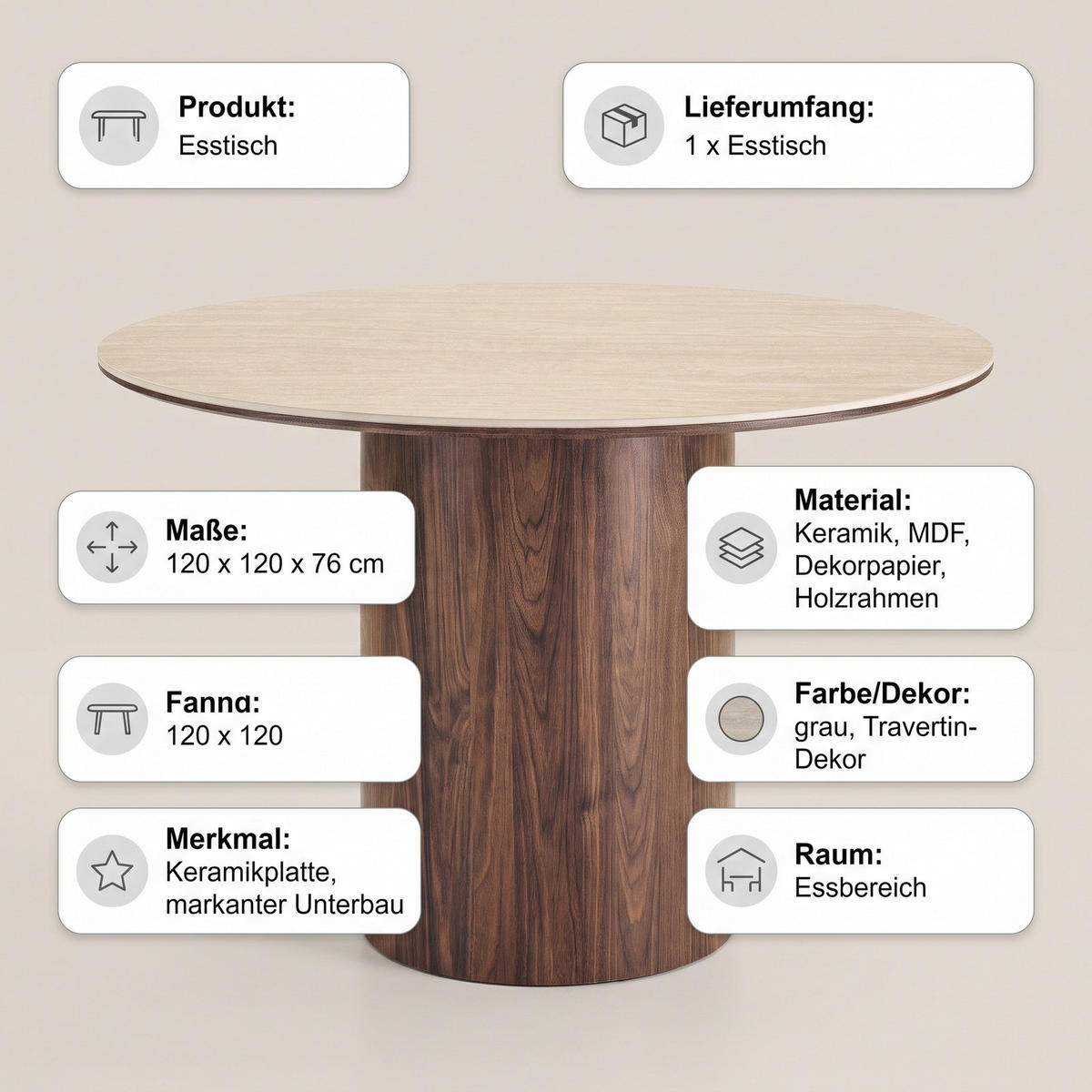 ESSTISCH Minamata Ø 120 cm, Keramik-Tischplatte Travertin / Walnuss-Dekor, 76 cm hoch - Grau, Holzwerkstoff (120/120/76cm) - ebuy24