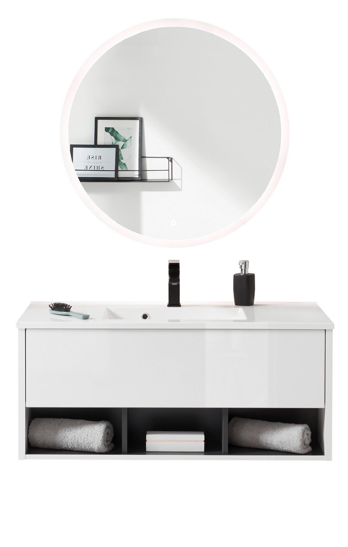 BADMÖBEL-SET weiß Hochglanz, grau, Kombination mit Waschbecken und LED Beleuchtung 100 cm - Weiß Hochglanz/Grau, Glas/Holzwerkstoff (100/190/47cm) - Furn.Design