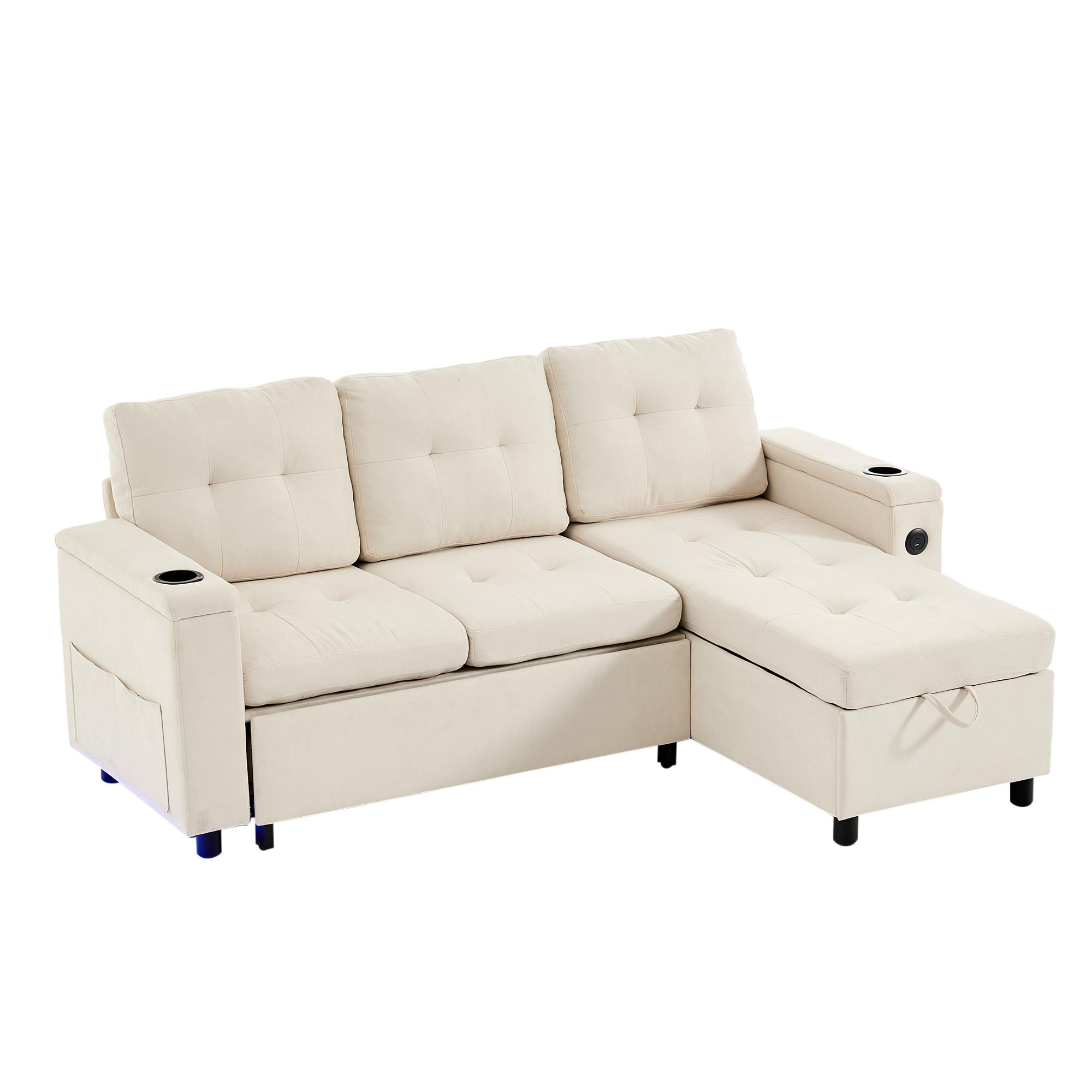 3-SITZER SCHLAFSOFA Vliesstoff Beige mit Stauraum, LED, USB und Typ-C - Beige, Holzwerkstoff/Textil (208/146cm) - WISHDOR