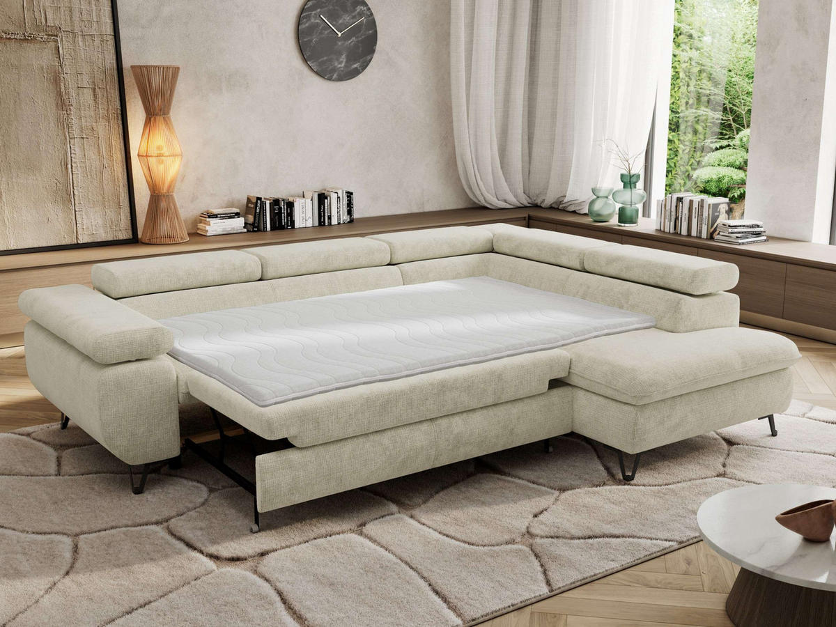ECKSOFA PABLO L Creme Schenille grob gewebt - Rechts Seite mit Visco Topper - Creme/Schwarz, Textil/Metall (273/208cm) - MKS