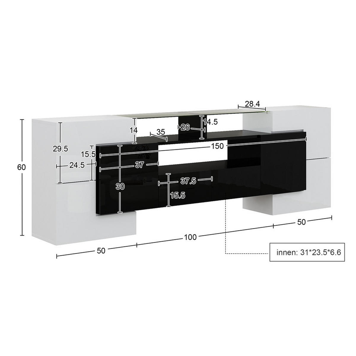 TV-SCHRANK 200cm Modern Hochglanz Weiß-Schwarz LED-Beleuchtung Glas - Weiß, Holz (40/35/63cm) - FLIEKS