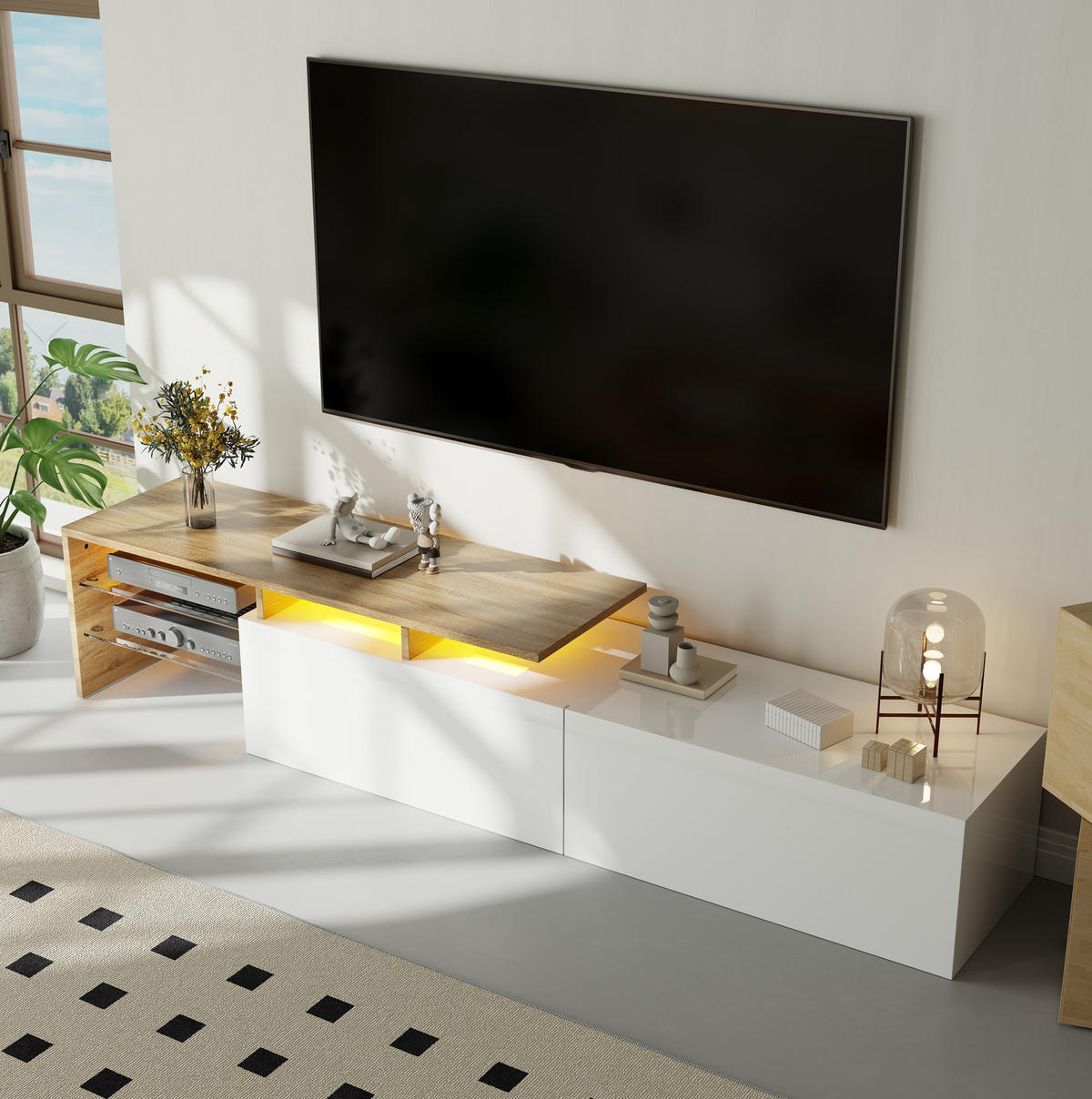 TV komoda, 170/33/33,5 cm, biela/prírodná, drevotrieska s LED osvetlením - biela, kompozitné drevo (170/33.5/33cm) - BEAOK