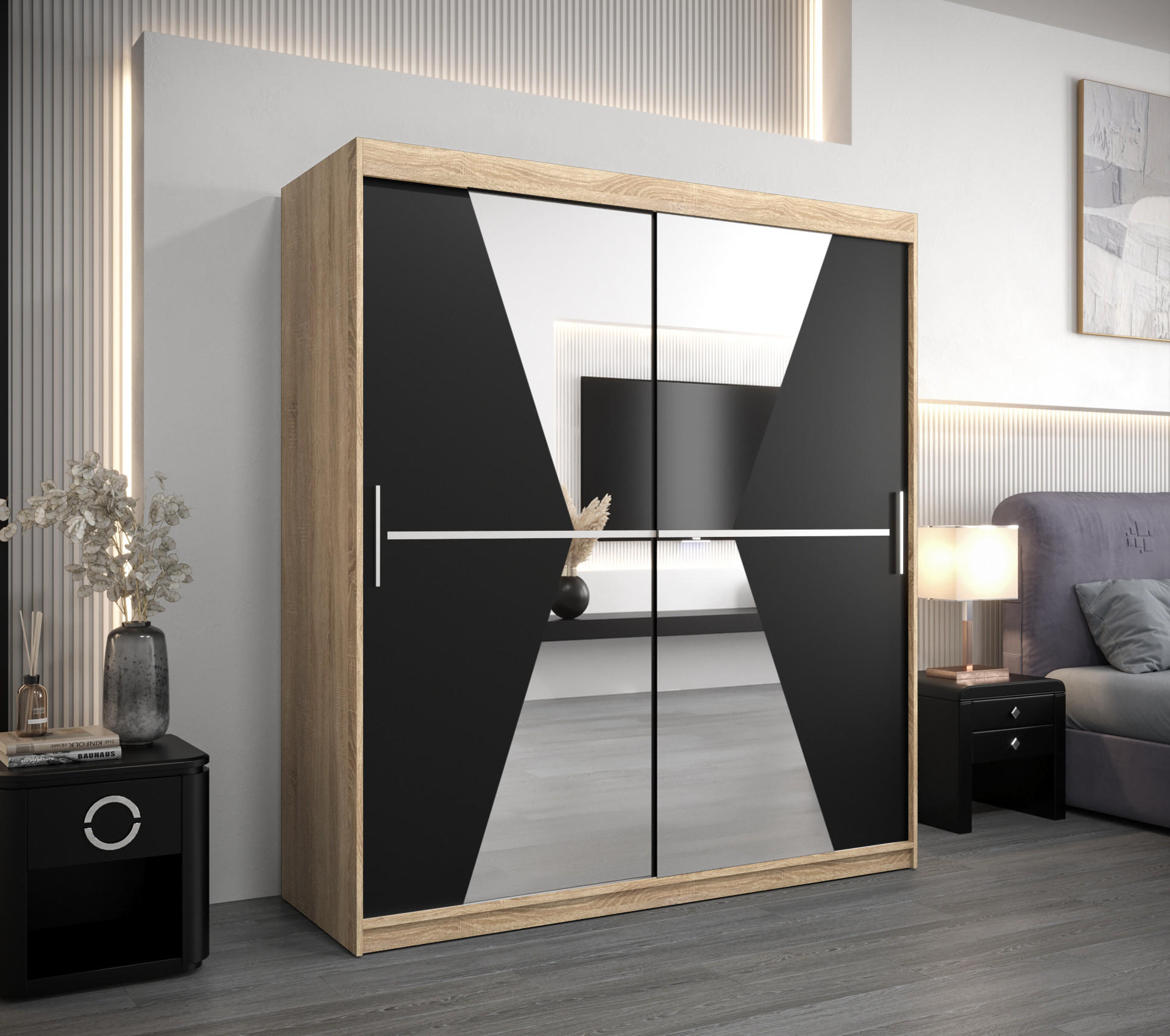 SCHWEBETÜRENSCHRANK 200/180/62 2-türig - Silberfarben/Schwarz, Holz/Kunststoff (180/200/62cm) - Abiks Möbel