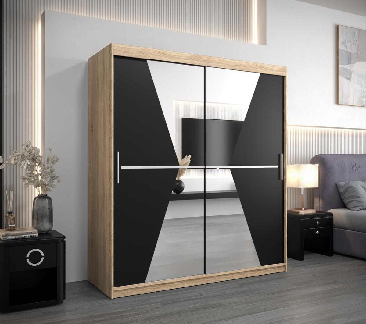 SCHWEBETÜRENSCHRANK 200/180/62 2-türig - Silberfarben/Schwarz, Holz/Kunststoff (180/200/62cm) - Abiks Möbel