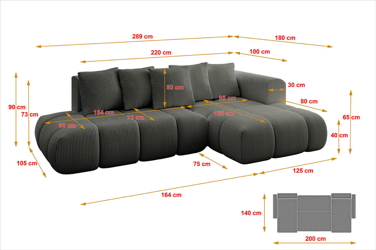 ECKSOFA Ottomane Rechts CLOUD-L-v1 289x180x40 Dunkelgrau Cord - Dunkelgrau, Holzwerkstoff/Kunststoff (289/180cm) - ALTDECOR