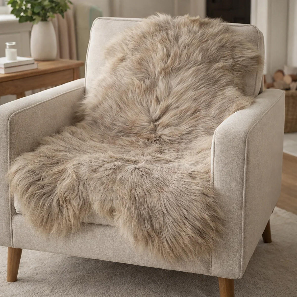 SCHAFFELL Langhaar skandinavisch weich chromfrei Hell Taupe ca. 115 cm - Taupe, Fell (65/115cm) - Provellus