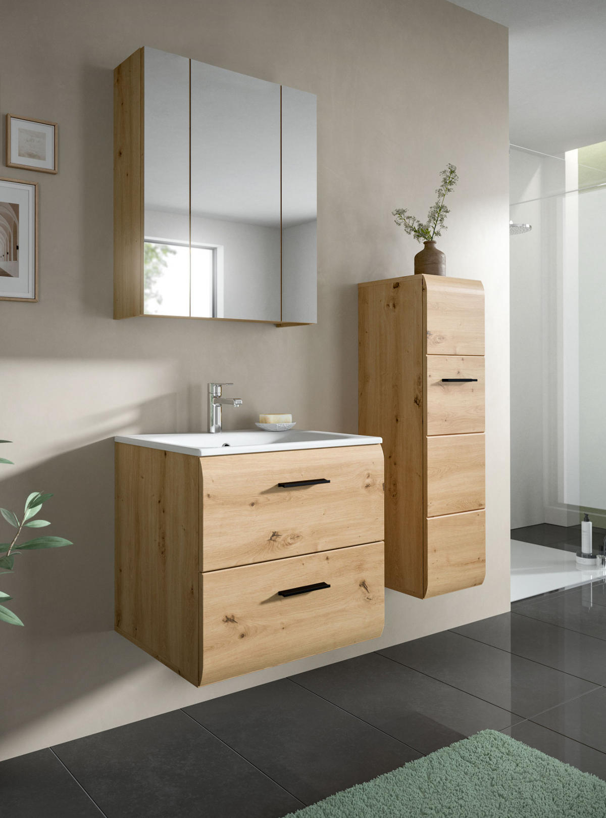 BADMÖBEL SET 3-teilig in Artisan Eiche, Badkombination 105 x 185 cm, Cover - Schwarz/Eiche Artisan, Glas/Keramik (105/185/30cm) - Inn.Furn