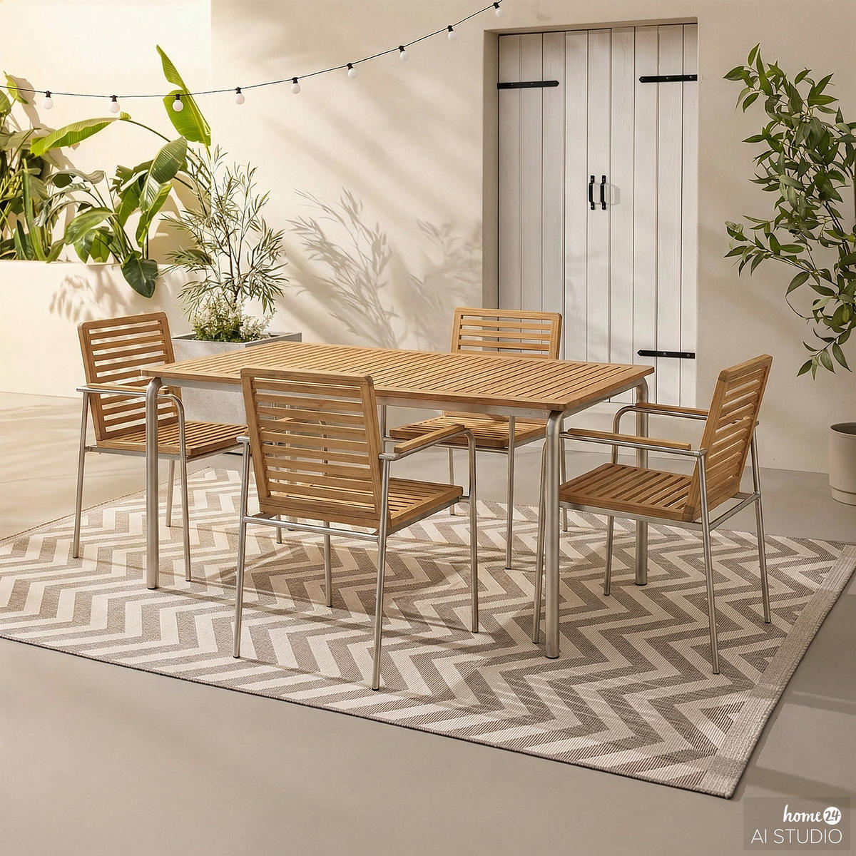 GARTENESSGRUPPE - 5-teilig - Teak massiv / Edelstahl - Teak / Silber - Teakfarben, Holz/Metall - home24
