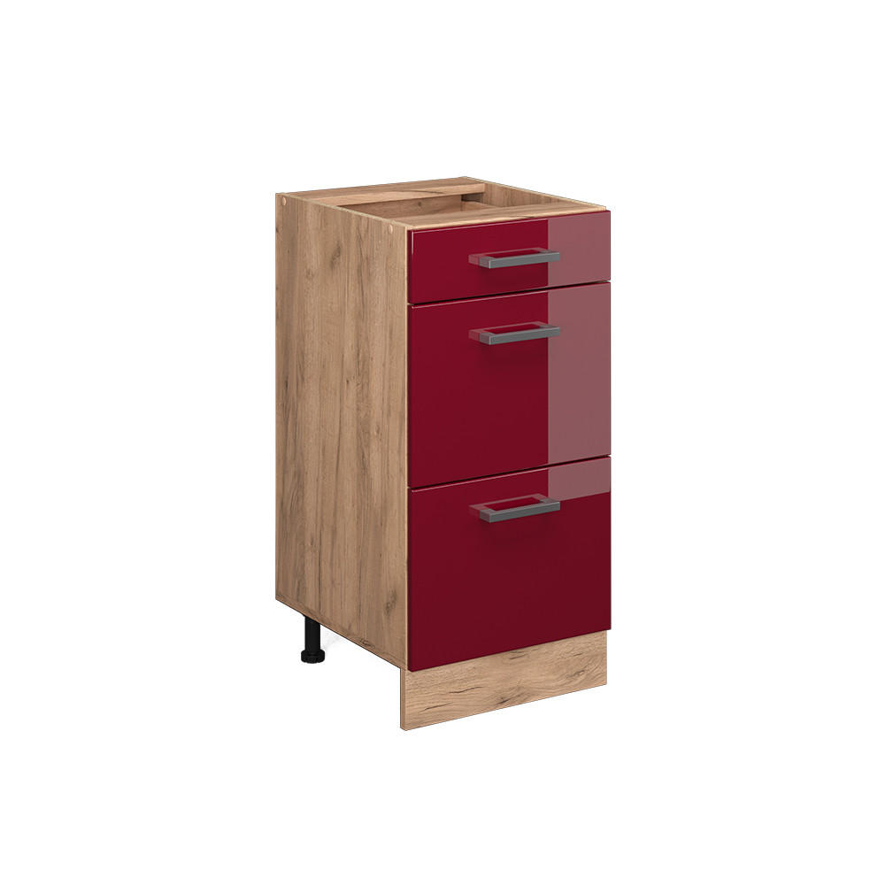 KÜCHENUNTERSCHRANK R-Line Rot Hochglanz 40 cm mit Schubladen, ohne Arbeitsplatte - Honigeiche/Bordeaux, Holzwerkstoff (40/81.6/46cm) - Vicco