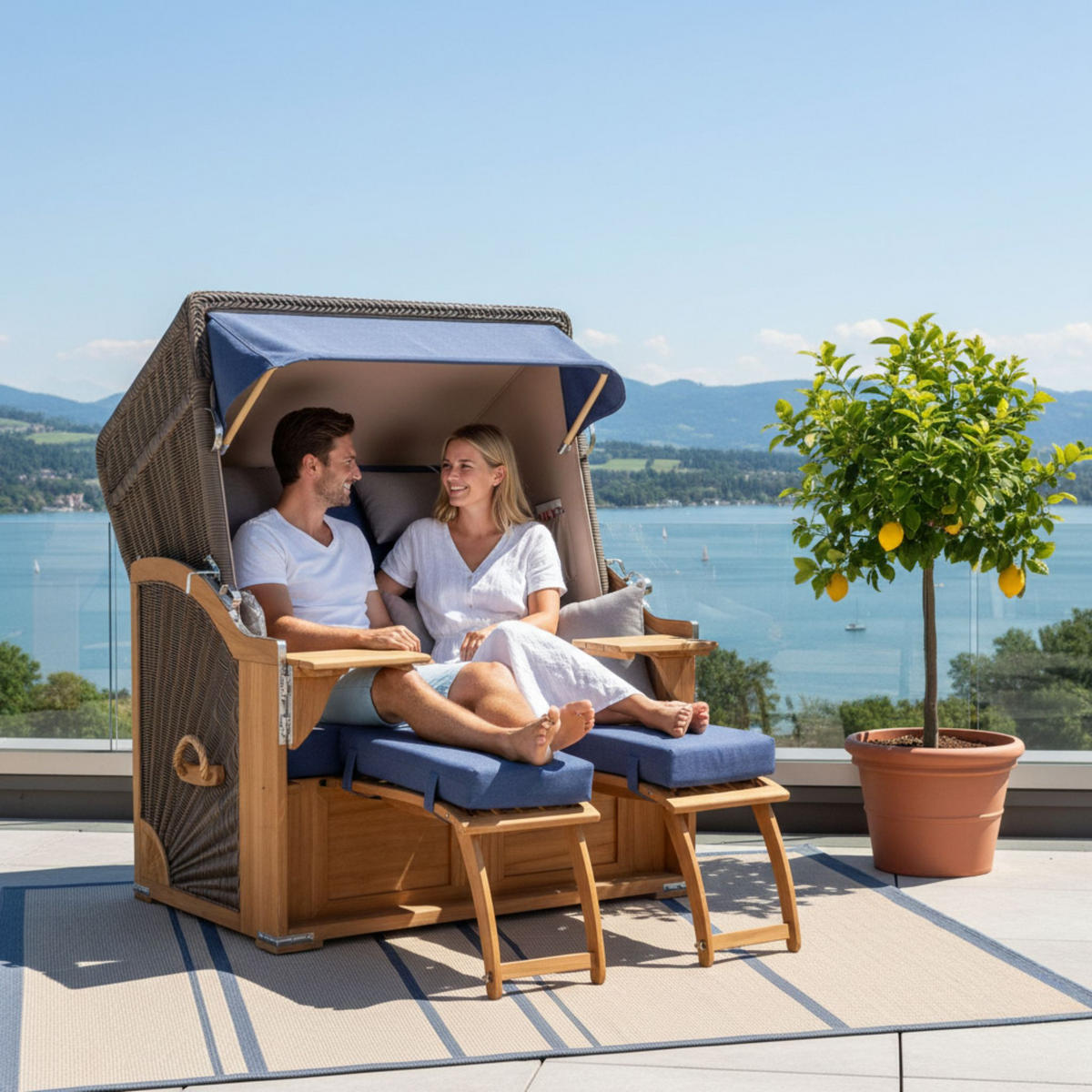 STRANDKORB SEEBLICK 2 Sitzer Teak - Blau/Braun, Metall (125/170/80cm) - Mr. Deko