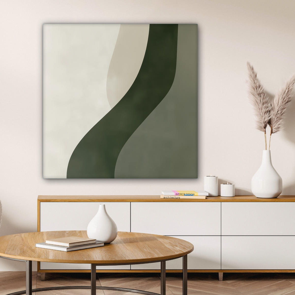 LEINWANDBILD Japandi - Grün - Abstrakt - Modern Deko Groß 90x90 cm - Olivgrün, Textil (90/90cm) - MuchoWow