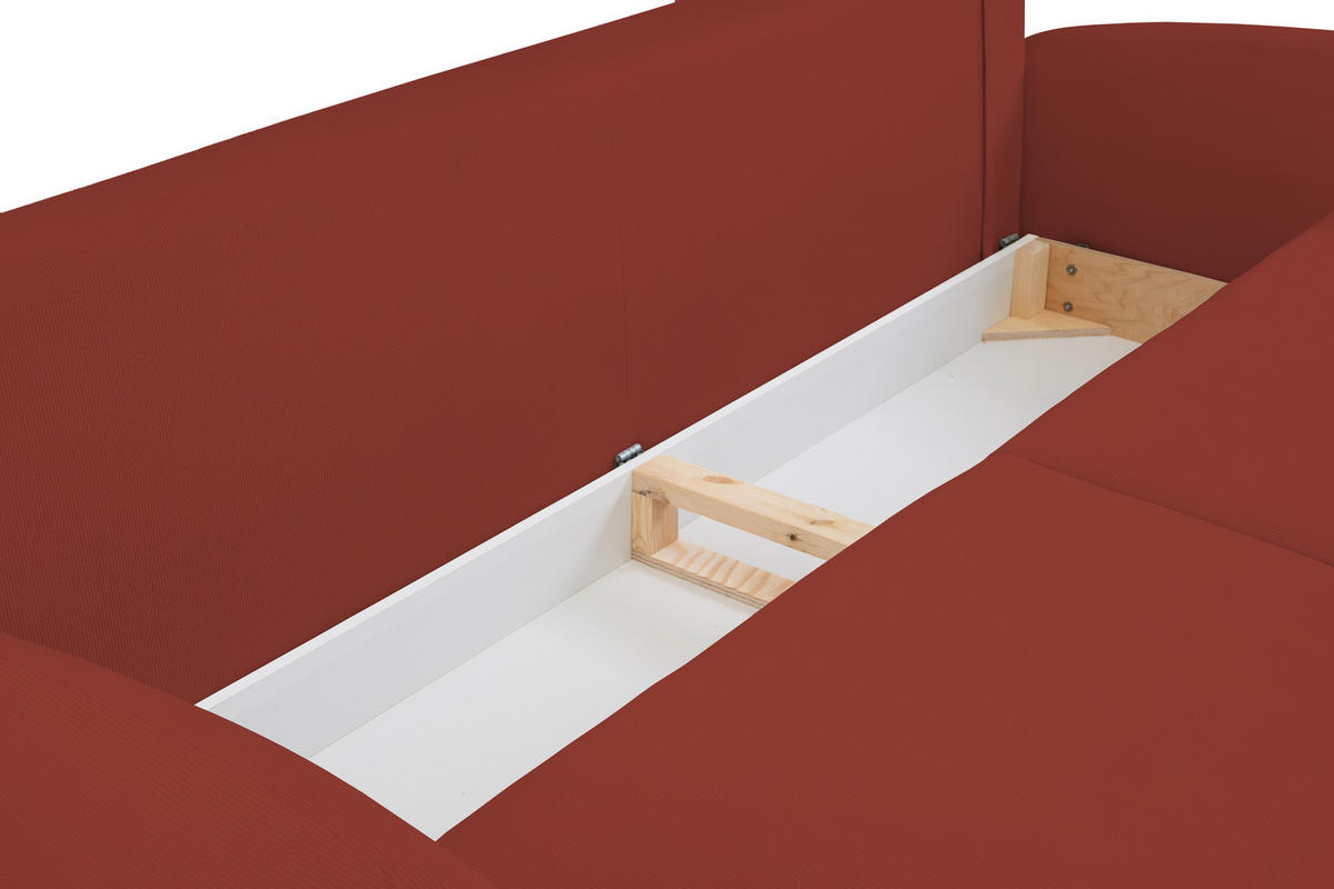 SOFA SOFT RunAgin Mit Schlaffunktion Und Bettkasten, PUR-Schaum, Schwarze Kunststofffüße, lose Rückenkissen, freistehend, 232x109x95 cm Red - Rot, Holz/Textil (232/95/109cm) - DomoHome