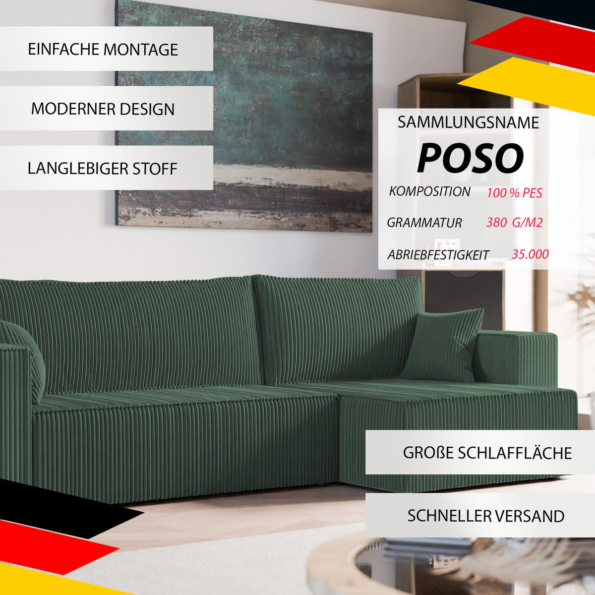 ECKSOFA mit Schlaffunktion und Bettkasten, Grün - Grün, Holzwerkstoff/Textil (145/276cm) - Idohome